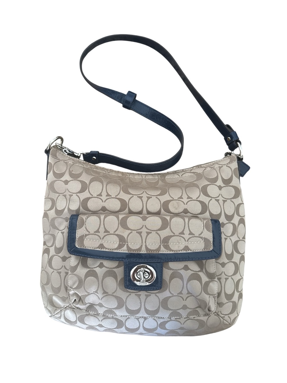 Coach F19232 Tan Signature Canvas Crossbody with Navy Trim